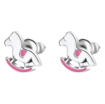 Náušnice LUCA BARRA Ocelové náušnice, houpací kůň s růžovým a fuchsiovým smaltem