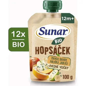Sunar BIO ovocná kapsička Hopsáček mango, banán, hruška a ovesné vločky 12× 100 g