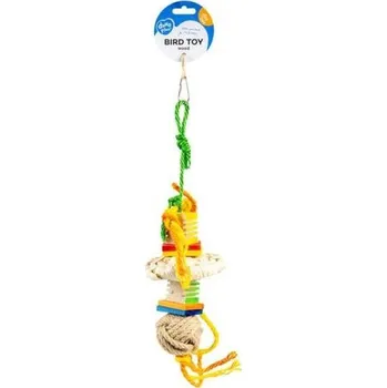 Hračka pro ptáka DUVO+ hračka pro exoty s kostkami z dřeva, z konopných lan a listy z kukuřice 10,5 × 10,5 × 35 cm
