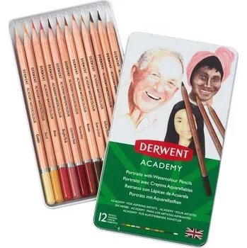 Kresba DERWENT Academy Watercolour Pencils Skintones v plechové krabičce, šestihranné, 12 barev