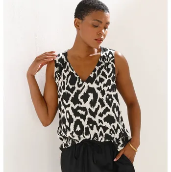 Dámská móda Top s potiskem a výstřihem do V černá/béžová 48