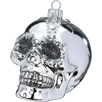 LAALU Vánoční ozdoby - lebka s glitry, stříbrná, 9 cm