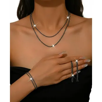 Souprava šperků B-TOP Černá dvouřadá souprava šperků s krystaly – náhrdelník, náramek a náušnice