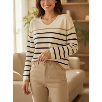 Dámský svetr Sinsay - Pruhovaný Svetr s Výstřihem do V - bílá - 058IJ-00P - 058IJ-00P-S