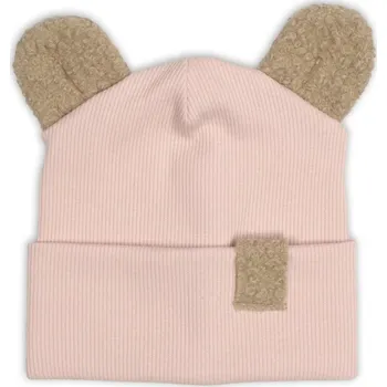 Dětská móda Baby Nellys Dvouvrstvá žebrovaná čepička s oušky boucle medvídek - růžová, 56/62