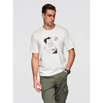 Pánská móda Pánské bavlněné tričko se zajímavým potiskem na hrudi - bílé V2 OM-TSPT-0261 - M