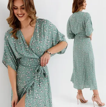 Dámské šaty ŠATY ROZKLOSOVANÉ MAXI S VÁZÁNÍM V PASE, KVĚTINOVÝ VZOR, ZELENÉ, VELIKOST 42 XL