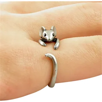 Prsten Nastavitelná velikost Otevřený dámský prstýnek myška Starožitná stříbrná barva Nerezová ocel Zvířecí šperk pro milovníky zvířat