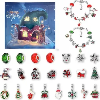 Vánoční dekorace Flor de Cristal Adventní kalendář 2 Náramky + 22 přívěsků, Vánoční chaloupka