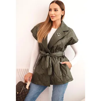 Dámská vesta Kesi Dámská prošívaná vesta 5696 s páskem a širokým límcem Barva: Zelená, Velikost: UNI