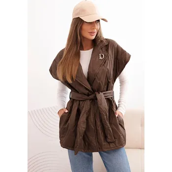 Dámská vesta Kesi Dámská prošívaná vesta s páskem a širokým límcem Solid Barva: Hnědá, Velikost: UNI