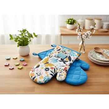 Chňapka Kuchyňské bavlněné rukavice - chňapky SPRING TIME modrá 100% bavlna 19x30 cm Balení 2 kusy - levá a pravá rukavice.