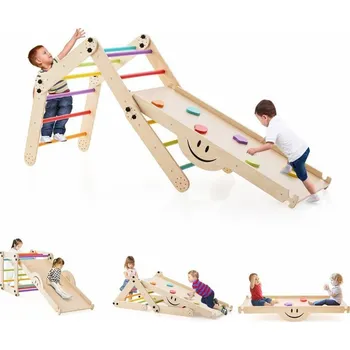 Dětská houpačka Costway Montessori polohovatelný Piklerové trojúhelníky s lezecí deskou a houpačkou Hnědá