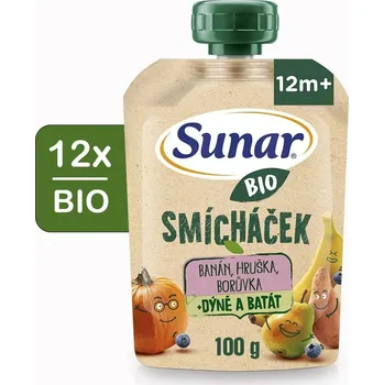 Sunar BIO ovocná kapsička Smícháček banán, hruška, dýně, batáty a borůvky 12× 100 g