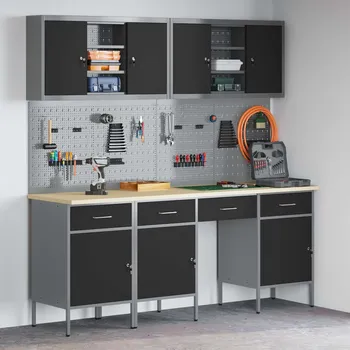 Skříňka na nářadí vidaXL Pracovní skříň se zásuvkou 10 pcs Černá Inženýrské dřevo a ocel [3321472]