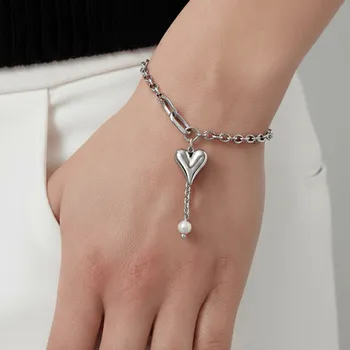 Náramek Moderní náramek Srdce & perla z chirurgické oceli č. 1984