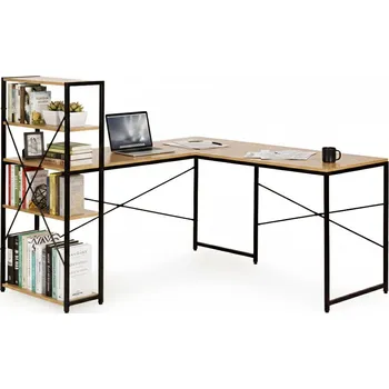 Psací stůl Rohový psací stůl s policemi, 3 police, počítačový stůl, světlý dub, loftový styl, ModernHome