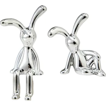 2 kusy Galvanicky pokovovaná soška sedícího králíka 8,5 x 4,5 x 2 cm a 6 x 4 x 4,2 cm Plastová dekorační ozdoba na poličku nábytek palubní desku