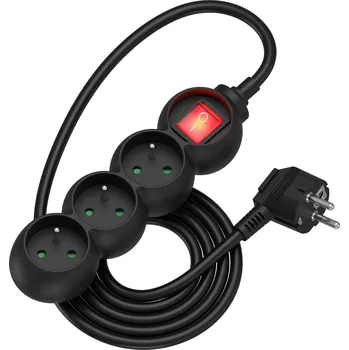 Elektrická zásuvka AlzaPower Arc prodlužovací přívod 230V 3 zásuvky vypínač 1.5m černý