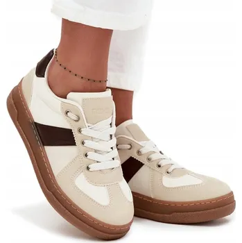 Dámské tenisky DÁMSKÉ TENISKY Z EKO KŮŽE NA PLATFORMĚ ŠNUROVACÍ MĚKKÁ STÉLKA BÉŽOVÉ 37