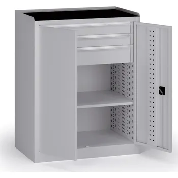 Dílenská skříň nízká na nářadí KOVOS, 1 police, 3 zásuvky, 950 x 600 x 1180 mm, šedá