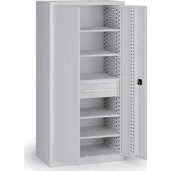 Policová dílenská skříň na nářadí KOVOS, perforovaný panel, 5 polic, 2 zásuvky, 950 x 600 x 1950 mm, šedá
