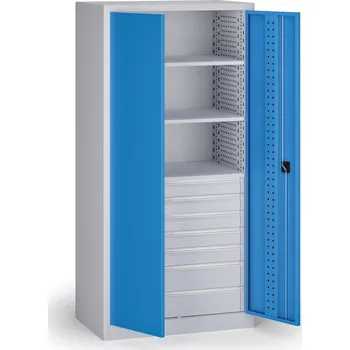 Dílenská zásuvková skříň na nářadí KOVOS, 3 police, 7 zásuvek, perforovaná, 950 x 600 x 1950 mm, modrá