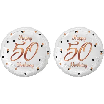 GoDan Balón foliový bílý 50 let - happy birthday / narozeniny, růžovozlatý nápis, 45 cm, 2 ks