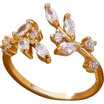 Prsten Nastavitelný dámský prstýnek Otevřený design větvička s listy Zlatá barva Nerezová ocel se zirkony Elegantní jemný šperk