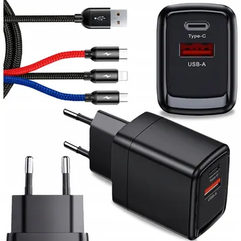 NABÍJEČKA + KABEL 3v1 USB-C IPHONE 1,2M ČERNÁ SADA RYCHLÁ SÍŤOVÁ NABÍJEČKA