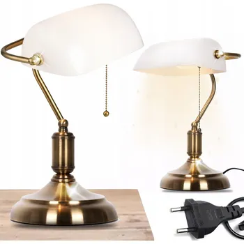 Lampička BANKÉŘSKÁ STOLNÍ LAMPA VINTAGE NOČNÍ BÍLÉ SKLENĚNÉ STÍNIDLO RETRO E27