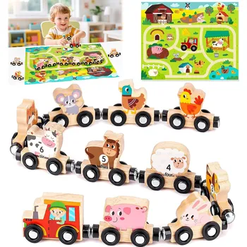 Dřevěná hračka Montessori magnetický dřevěný vláček se zvířátky a čísly