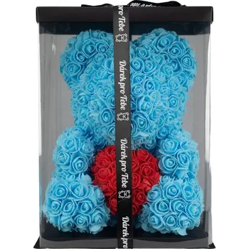 Hračka Medvídárek Big Classic medvídek z růží dárkově balený, 40 cm, modrý s červeným srdcem