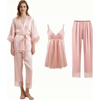 Podprsenka Dámská třídílná pyžamová souprava, krajkové hedvábné domácí oblečení