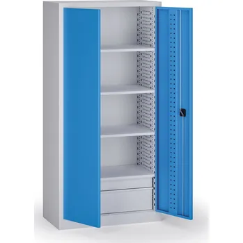 Policová dílenská skříň 2-dveřová, 4 police + 2 zásuvky, 1950 × 950 × 500 mm, modré dveře