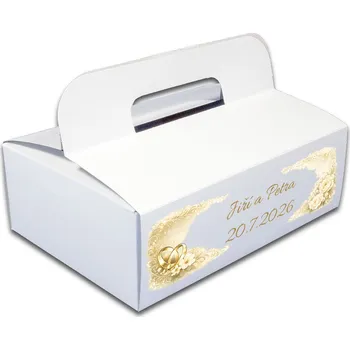 Krabička na výslužku Svatební krabička na výslužky s motivem prstýnků a jmény
