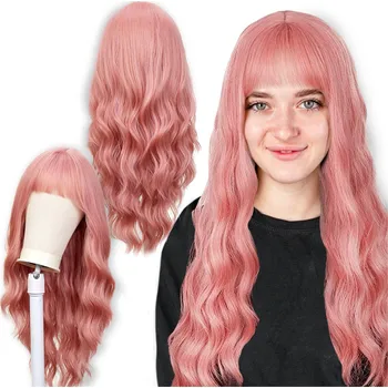 Paruka DÁMSKÁ PARUKA DLOUHÉ RŮŽOVÉ VLASY VLNY S OFINOU SYNTETICKÁ 70 cm COSPLAY