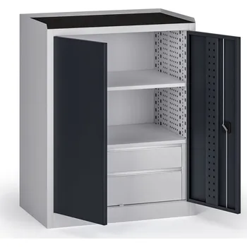 Dílenská skříň nízká na nářadí KOVOS, 2 police,2 zásuvky, 950 x 600 x 1180 mm, grafit