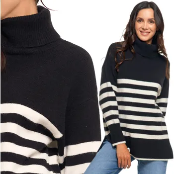 Dámský svetr DÁMSKÝ SVETR s Proužky Rolák Volný Pohodlný Béžový Stylový na Podzim MORAJ XL