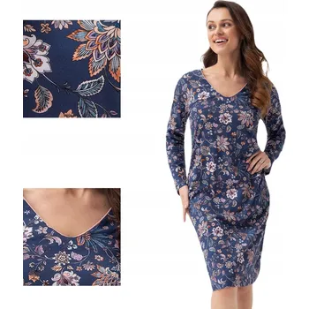 Dámská noční košile Košile noční Luna s modrými bavlněnými květy, dlouhý rukáv před kolena, velikost L