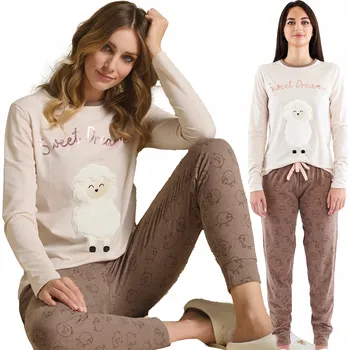 Dámské pyžamo Roztomilé dlouhé dámské bavlněné pyžamo s ovečkami Deborah Béžové M