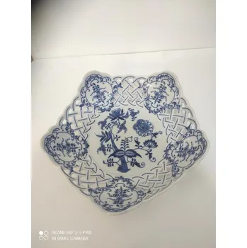 Nádoba na olej a ocet Náhradní spodní díl mísa pětihranná prolamovaná 24 cm s dírkou originální cibulákový porcelán Dubí, cibulový vzor,
