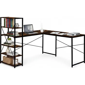 Rohový psací stůl s policemi, 3 police, počítačový stůl, vintage ořech, loftový styl, ModernHome