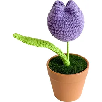umělá květina ANNAM Háčkovaná květina v květináči fialový tulipán, 7 × 14 cm
