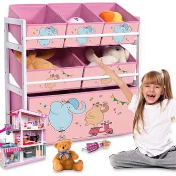 úložný prostor na hračky DŘEVĚNÝ ÚLOŽNÝ BOX NA HRAČKY DĚTSKÝ REGÁL ORGANIZÉR 6x TEXTILNÍ POLICE