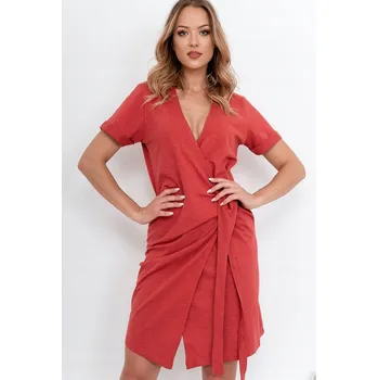 Dámské šaty Šaty úpletové šaty s překládaným výstřihem ke kolenům, bavlněné, korálové, velikost S