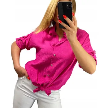 Dámská halenka B1179 ASYMETRICKÁ HALENKA S VÁZÁNÍM, KRÁTKÝ RUKÁV, FUCHSIOVÁ vel. 46