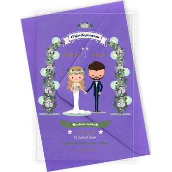 Svatební dekorace Svatební oznámení kreslený pár pod branou plexi