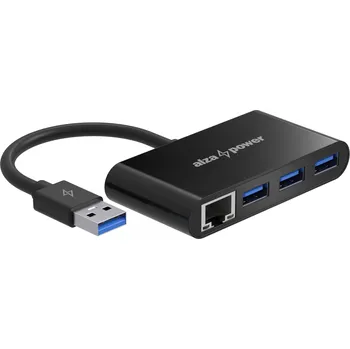 USB hub AlzaPower USB hub USB-A (M) na 3× USB-A 3.0 (F) s RJ45 černý