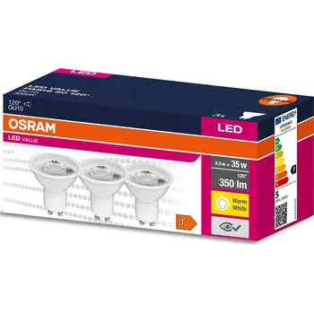 Žárovka 3x LED žárovka GU10 4,5W = 35W 350lm 3000K Teplá bílá 120° OSRAM Value